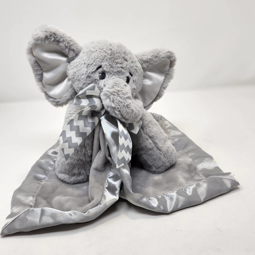 Bearington Baby Collection Gray Elephant Lovey Plush Security Blanket Satin Line